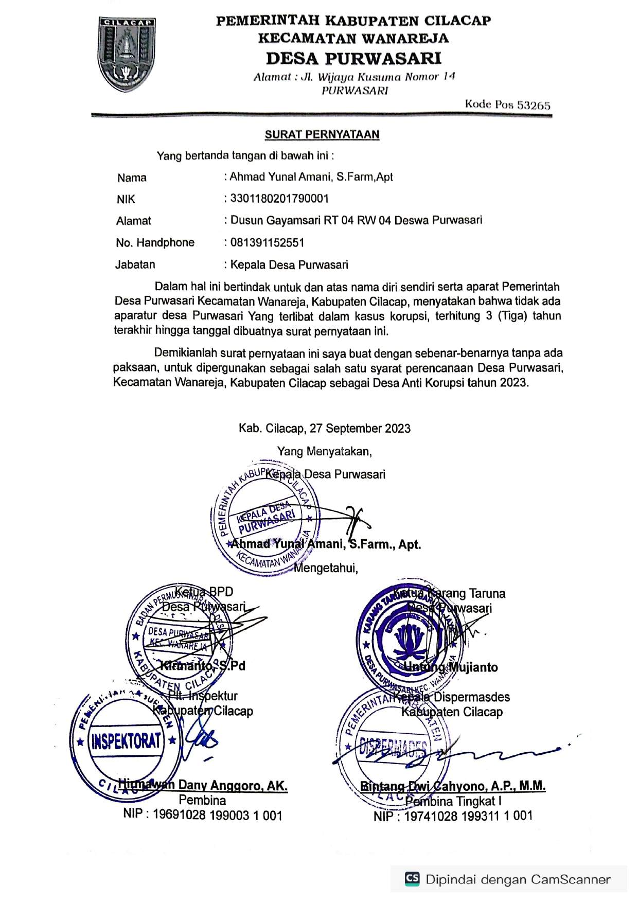 SURAT PERNYATAAN KEPALA DESA TIDAK TERLIBAT KASUS KORUPSI